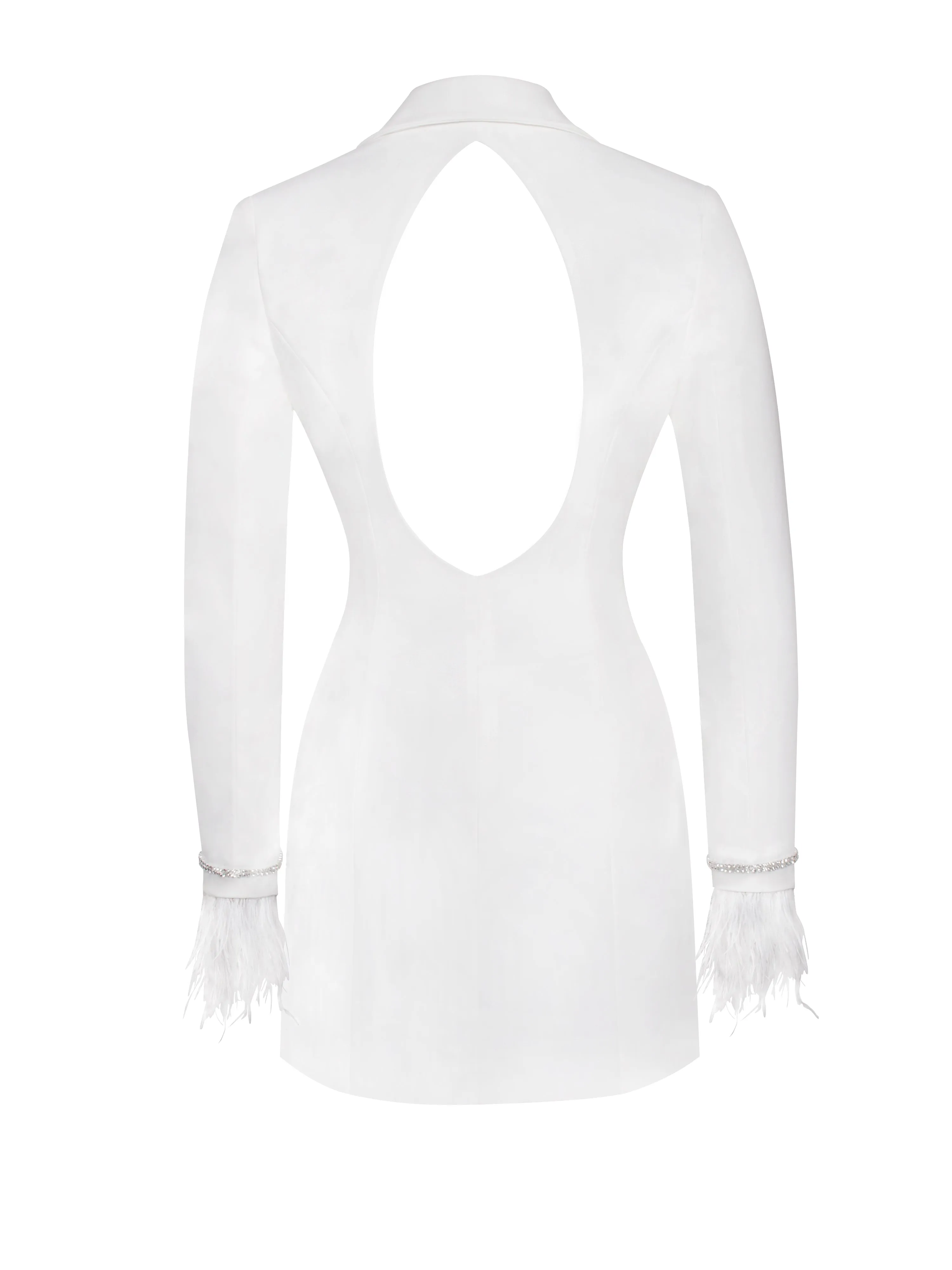 Quilla White Feather Crystal Graceful Sleeve Backless Blazer Dress