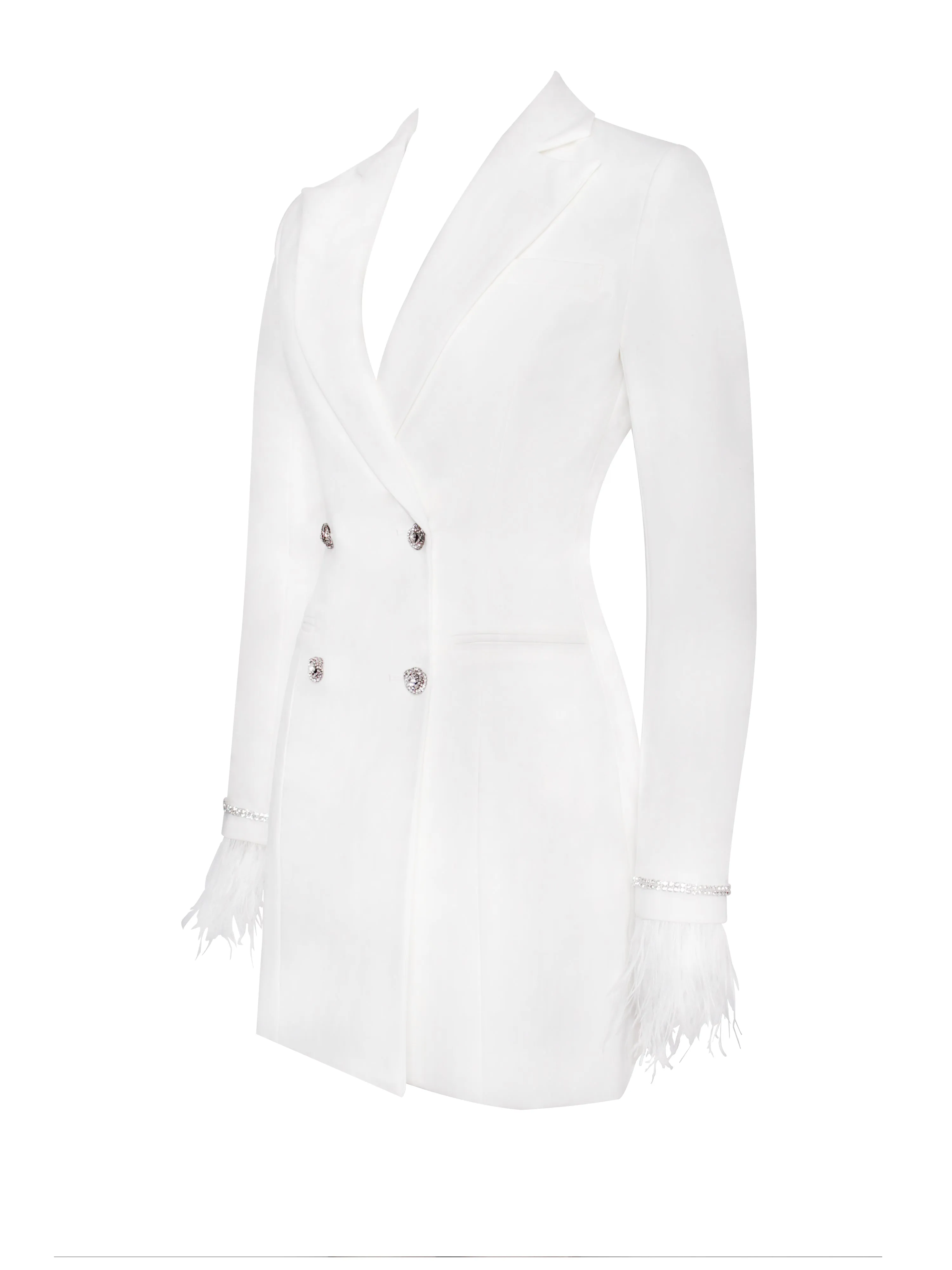 Quilla White Feather Crystal Graceful Sleeve Backless Blazer Dress