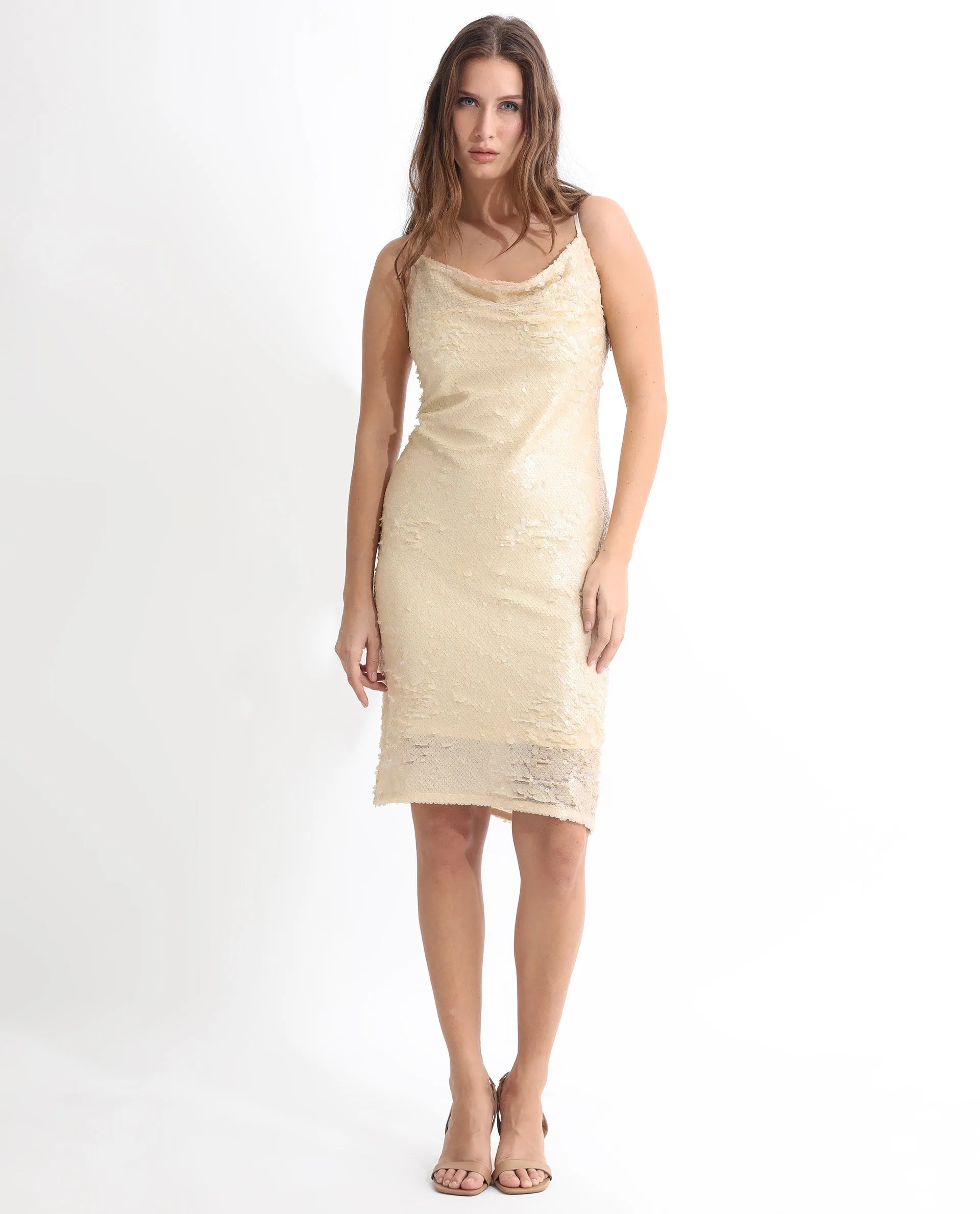 Rareism Women Leah Sheen Off White Polyester Fabric Sleeveless Shoulder Straps Regular Fit Sequined Knee Length Empire Dress