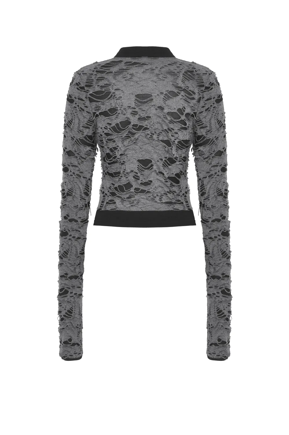 Ripped Mesh Long Sleeved Top with Metal Eyelets