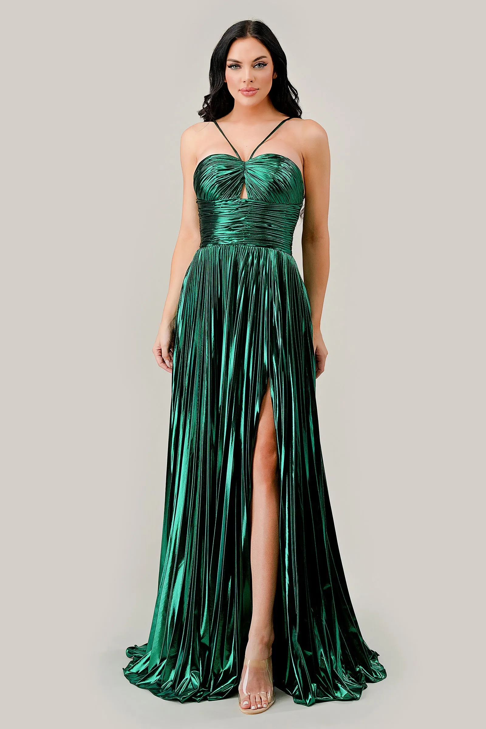 RUE Lame Metallic Shimmer Pleated Halter Neck A Line Prom & Formal Dress