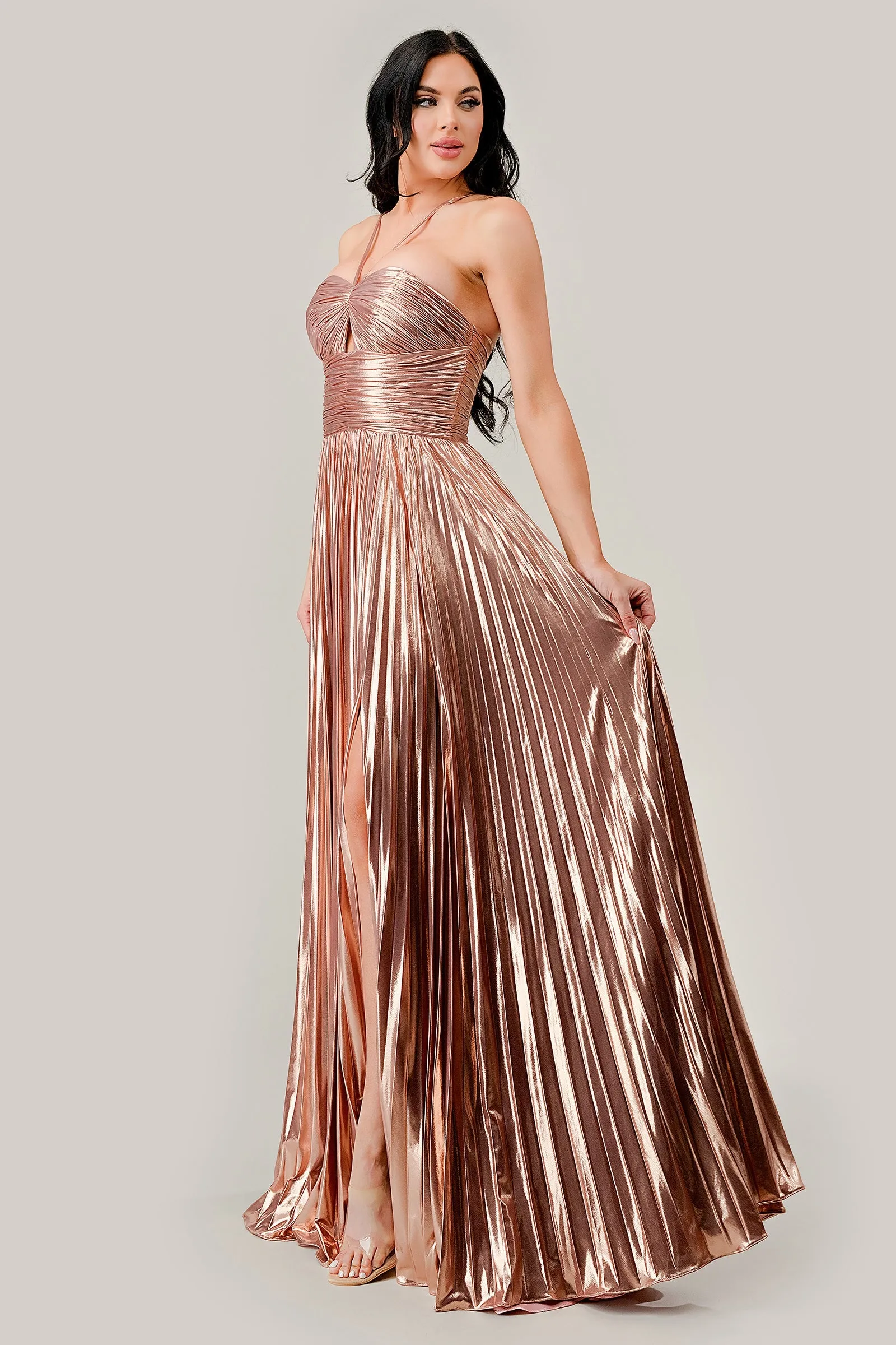 RUE Lame Metallic Shimmer Pleated Halter Neck A Line Prom & Formal Dress