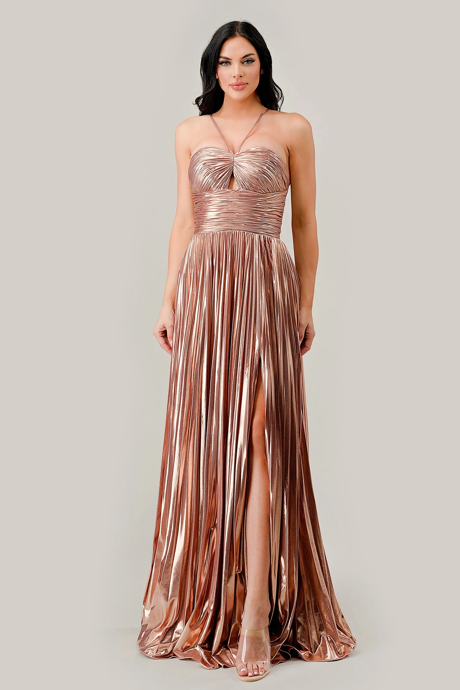 RUE Lame Metallic Shimmer Pleated Halter Neck A Line Prom & Formal Dress