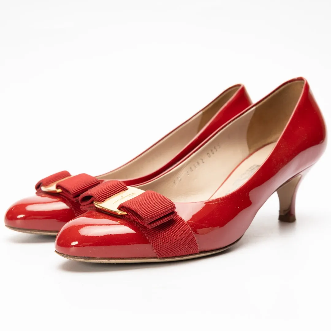 Salvatore Ferragamo Red Patent Leather Vara Bow Pumps