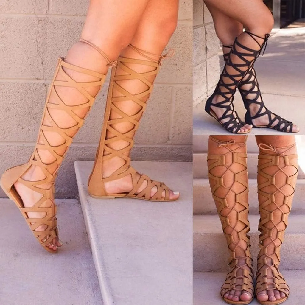 Sandals for Women Lace Up,Gladiator Sandals Platform Summer Beach Strappy Criss Cross Open Toe Knee High Flat Sandal