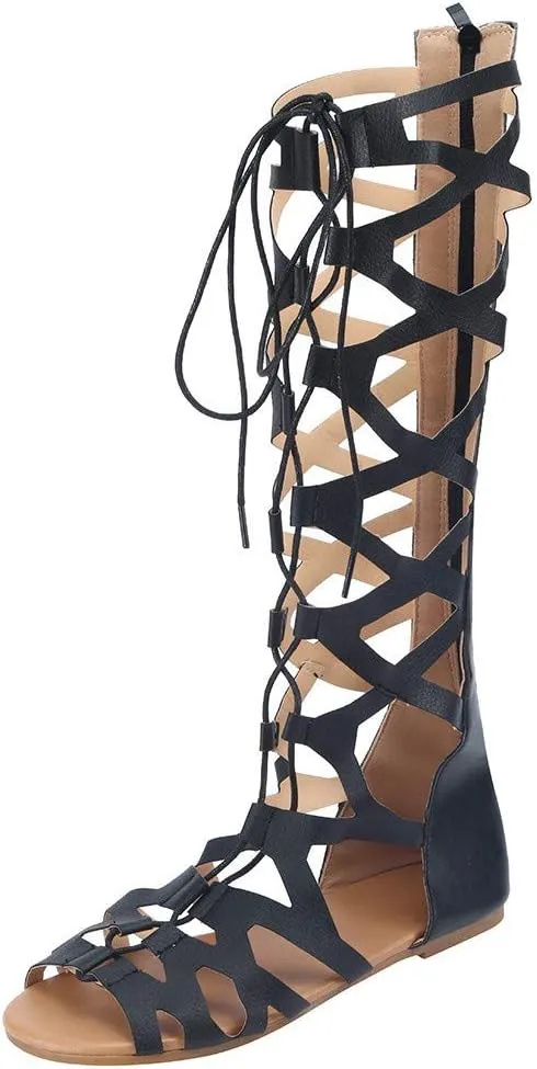 Sandals for Women Lace Up,Gladiator Sandals Platform Summer Beach Strappy Criss Cross Open Toe Knee High Flat Sandal