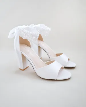 Satin Block Heel Wedding Sandals with Perla Ankle Strap