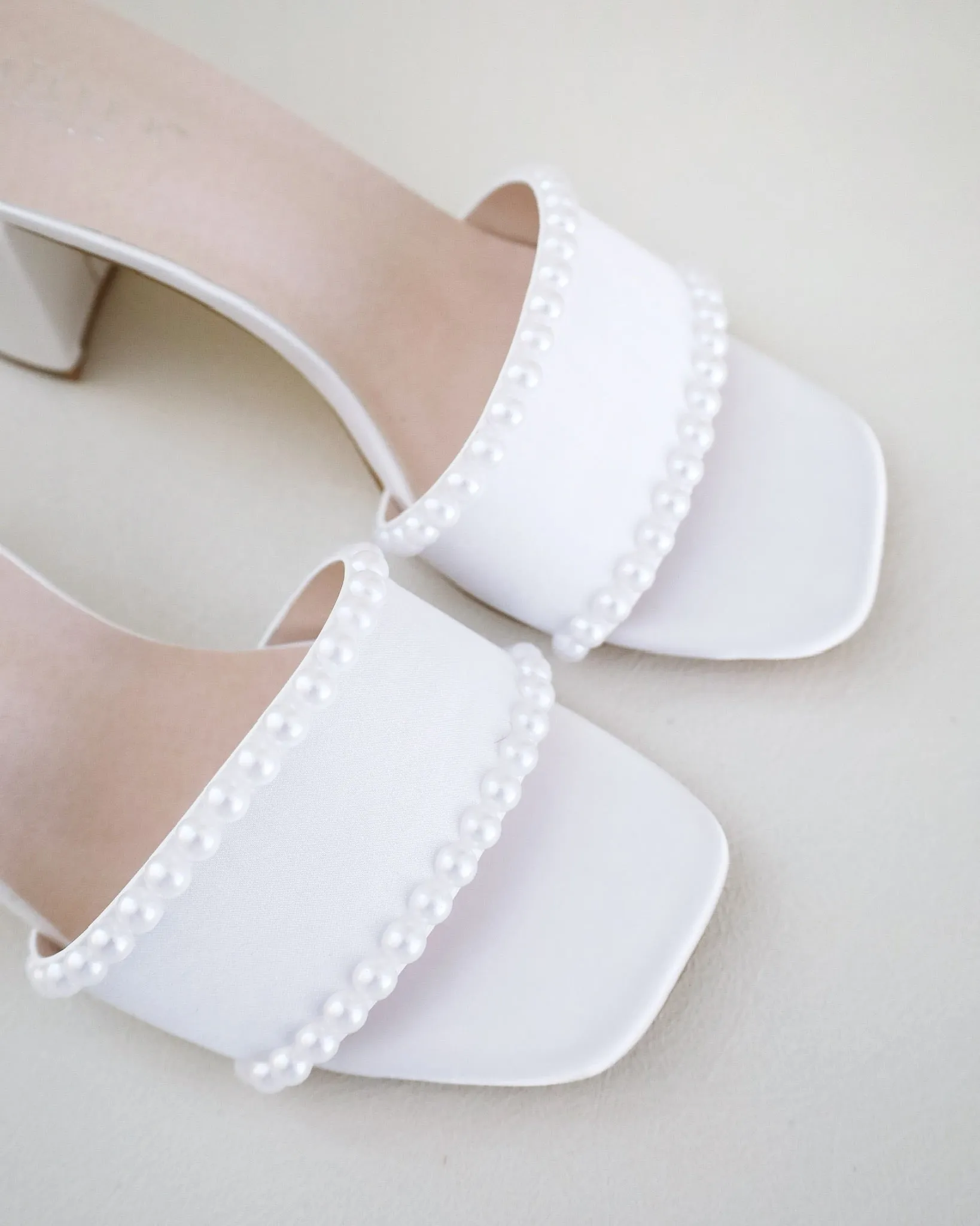 Satin Block Heels Slide Wedding Sandals with Pearls