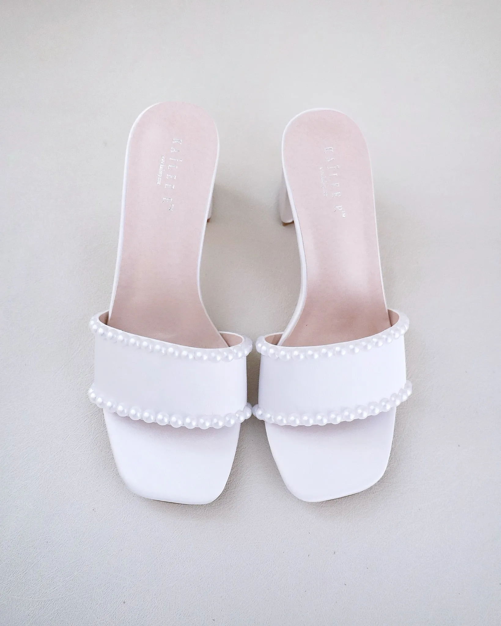 Satin Block Heels Slide Wedding Sandals with Pearls