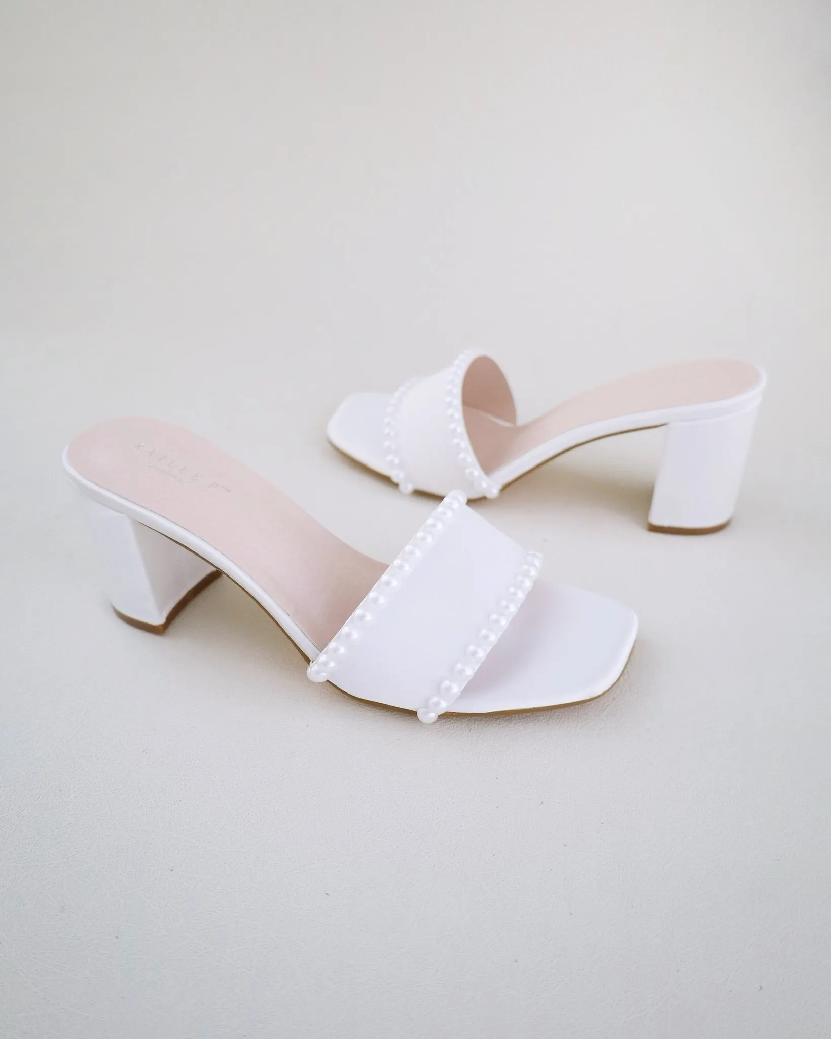 Satin Block Heels Slide Wedding Sandals with Pearls