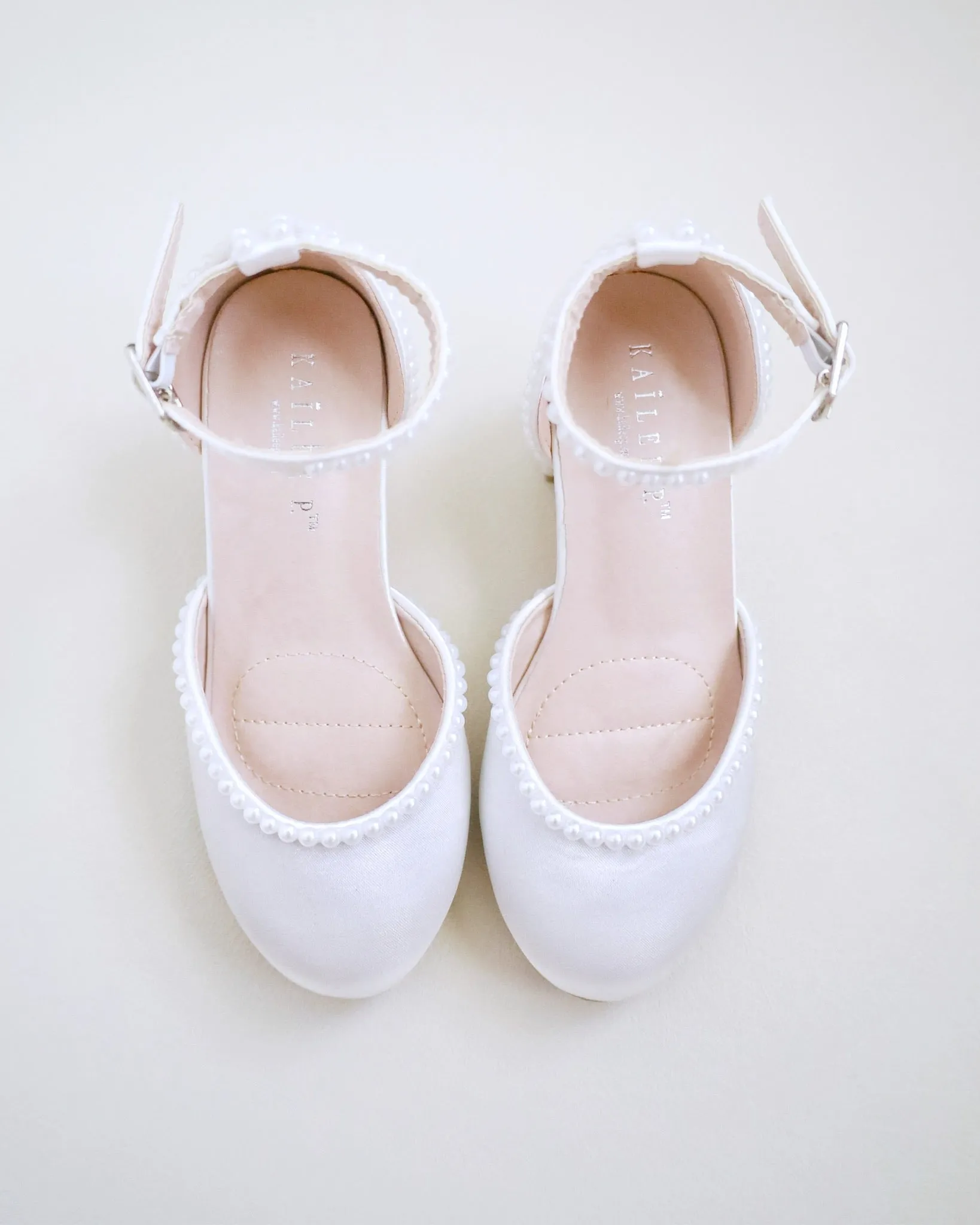 Satin Girls Block Heel with Mini Pearls