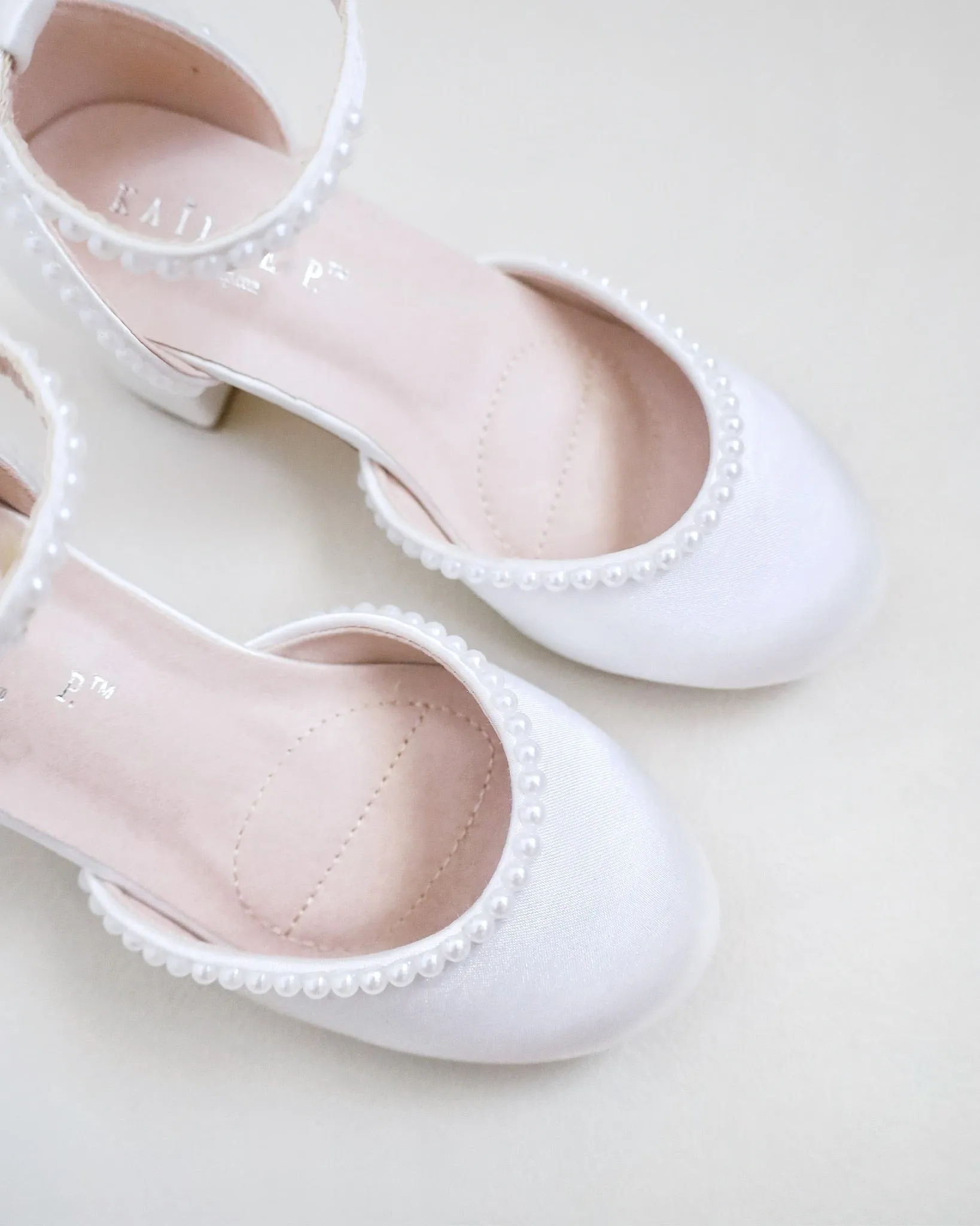 Satin Girls Block Heel with Mini Pearls