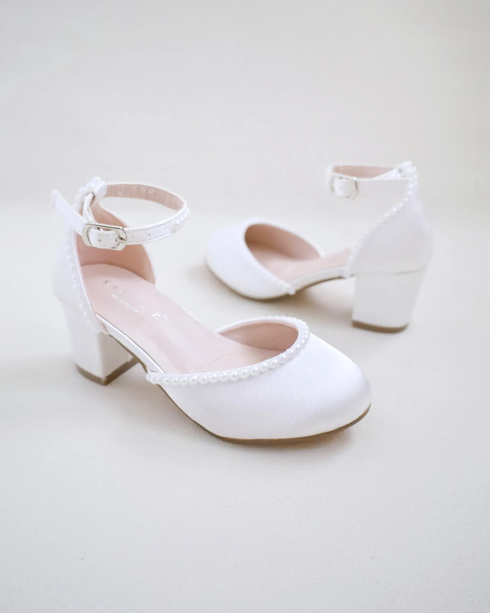 Satin Girls Block Heel with Mini Pearls