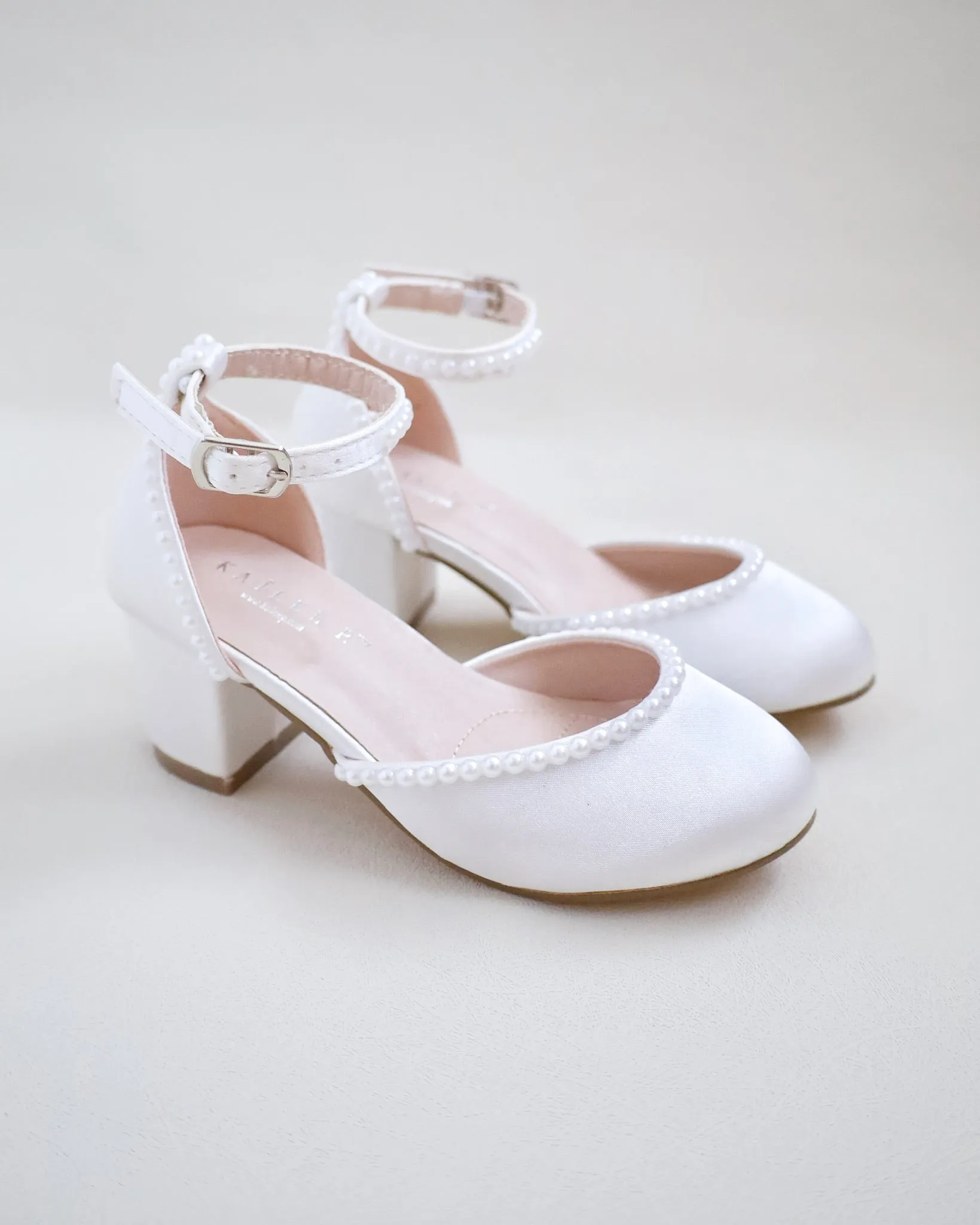 Satin Girls Block Heel with Mini Pearls