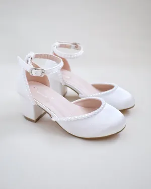 Satin Girls Block Heel with Mini Pearls