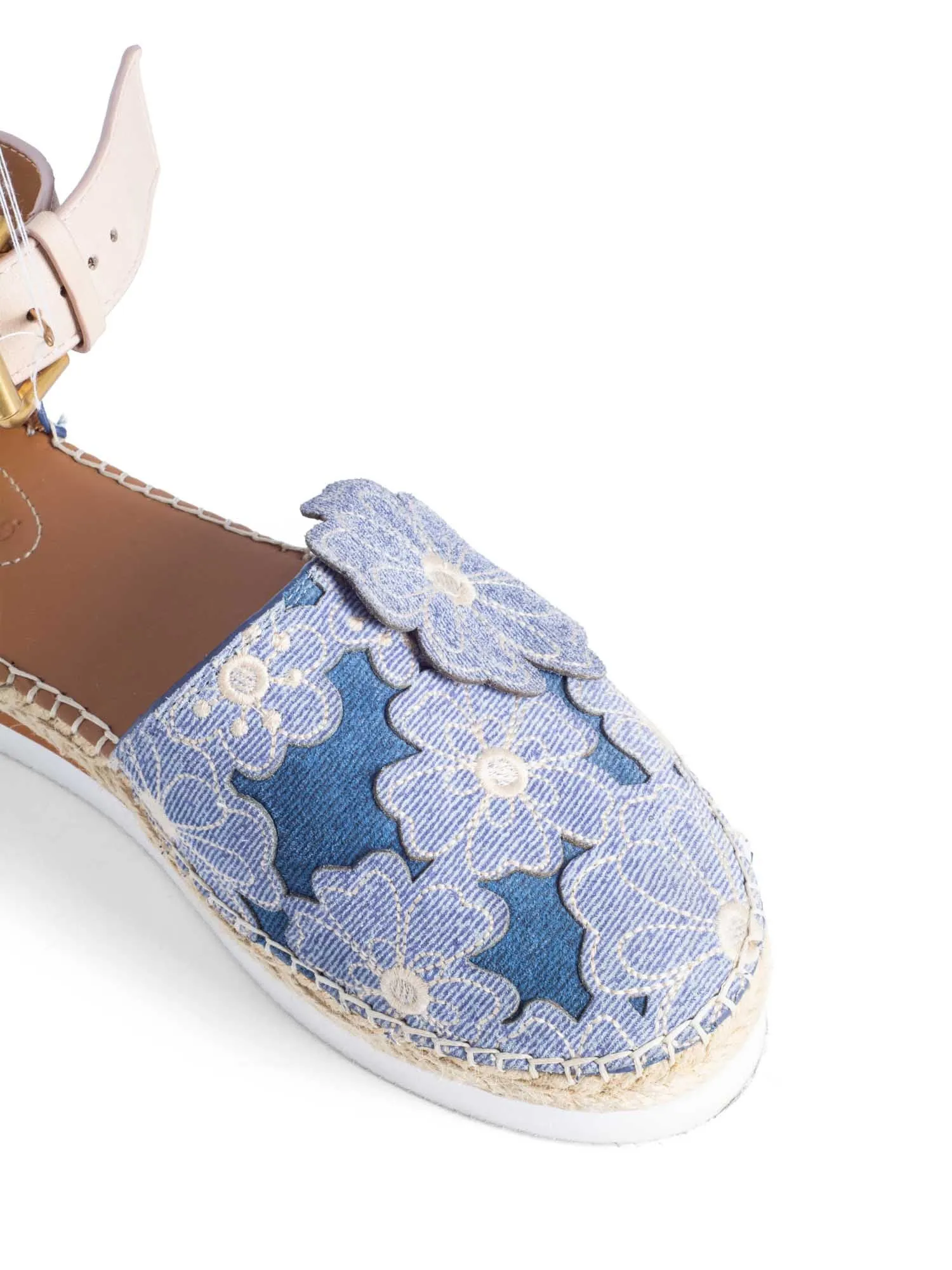 See by Chloe Floral Denim Ankle Strap Espadrilles Platform Sandals Blue