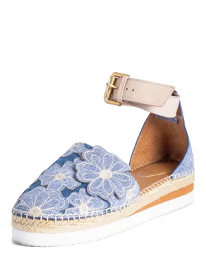 See by Chloe Floral Denim Ankle Strap Espadrilles Platform Sandals Blue