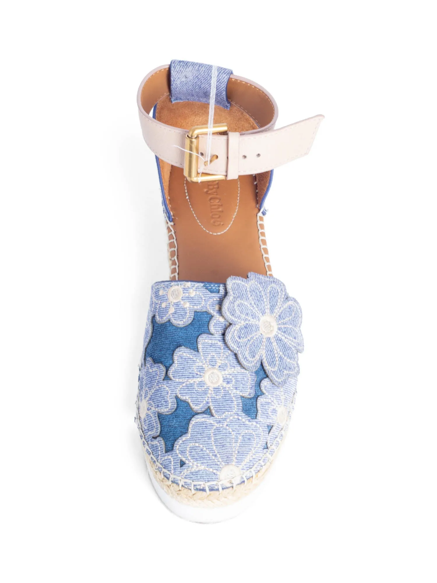 See by Chloe Floral Denim Ankle Strap Espadrilles Platform Sandals Blue
