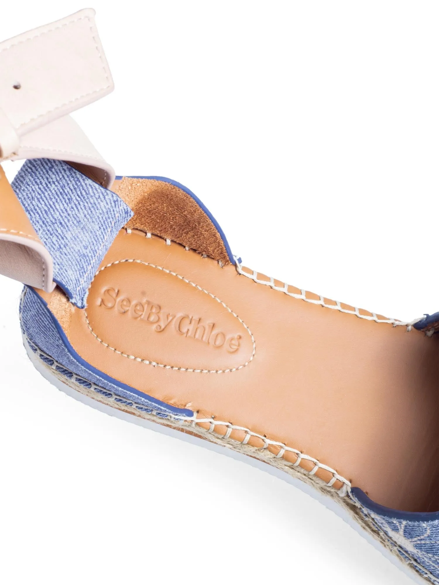 See by Chloe Floral Denim Ankle Strap Espadrilles Platform Sandals Blue
