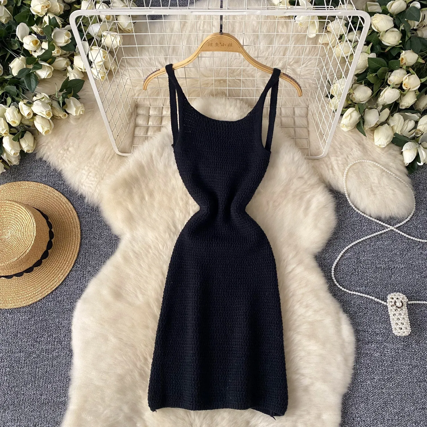 Simple Design Backless Knitted Slip Dress