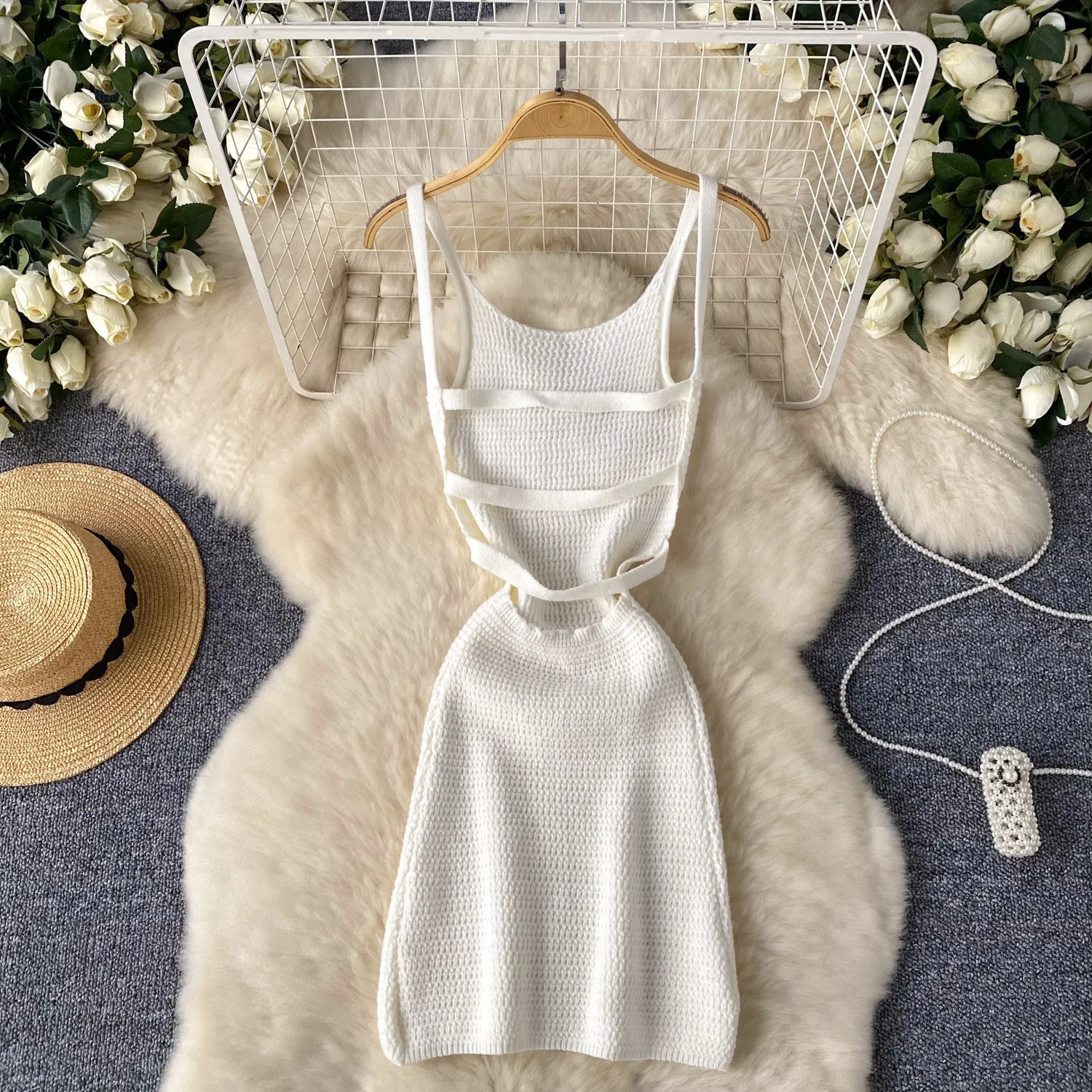 Simple Design Backless Knitted Slip Dress