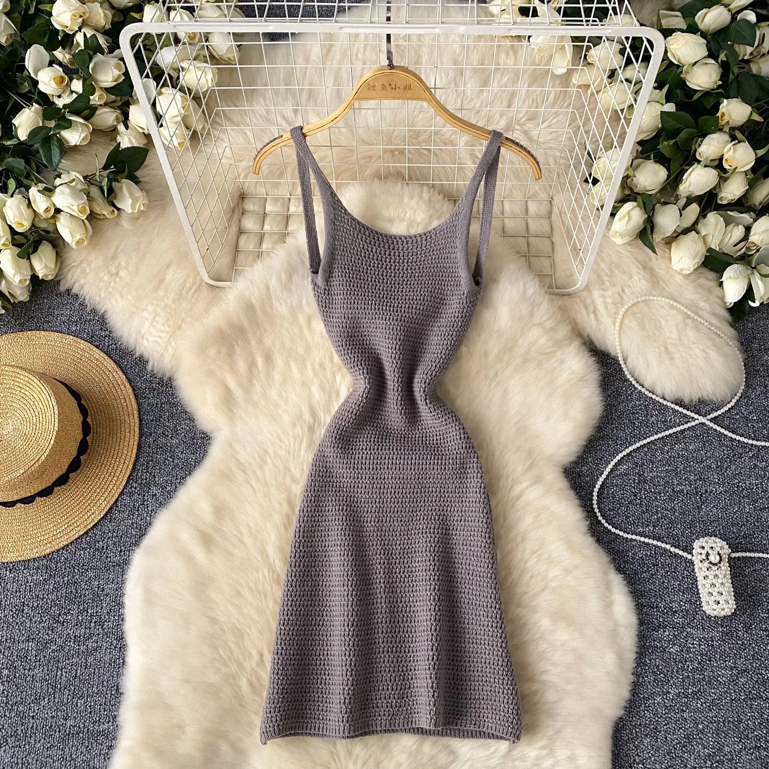 Simple Design Backless Knitted Slip Dress