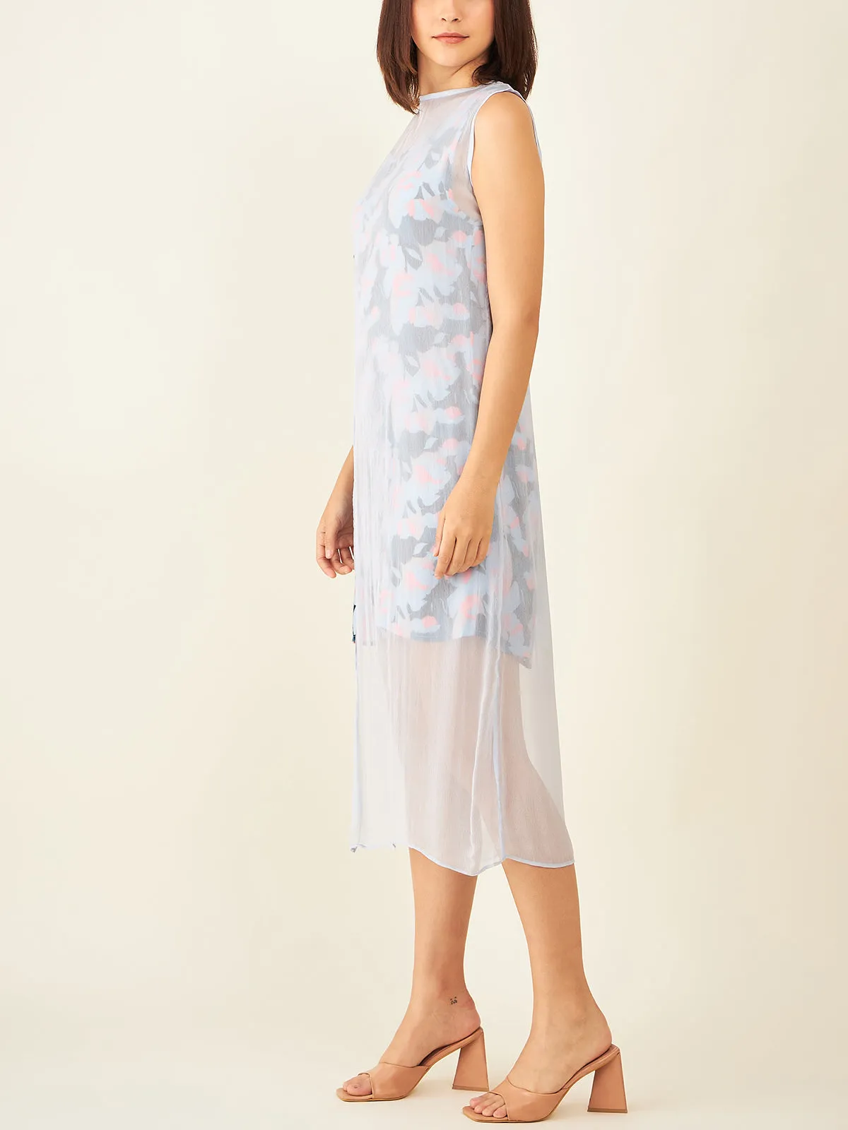 Sleeveless Printed Dress With Sheer Overlay