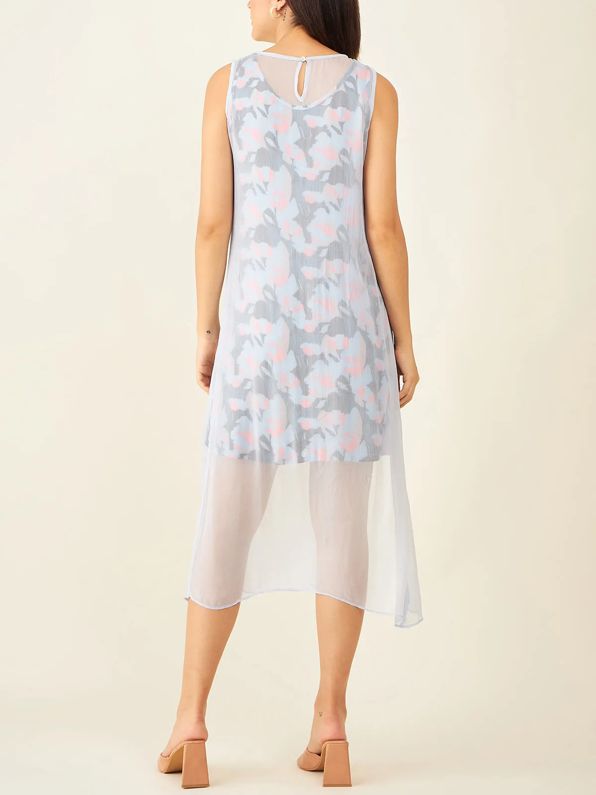 Sleeveless Printed Dress With Sheer Overlay