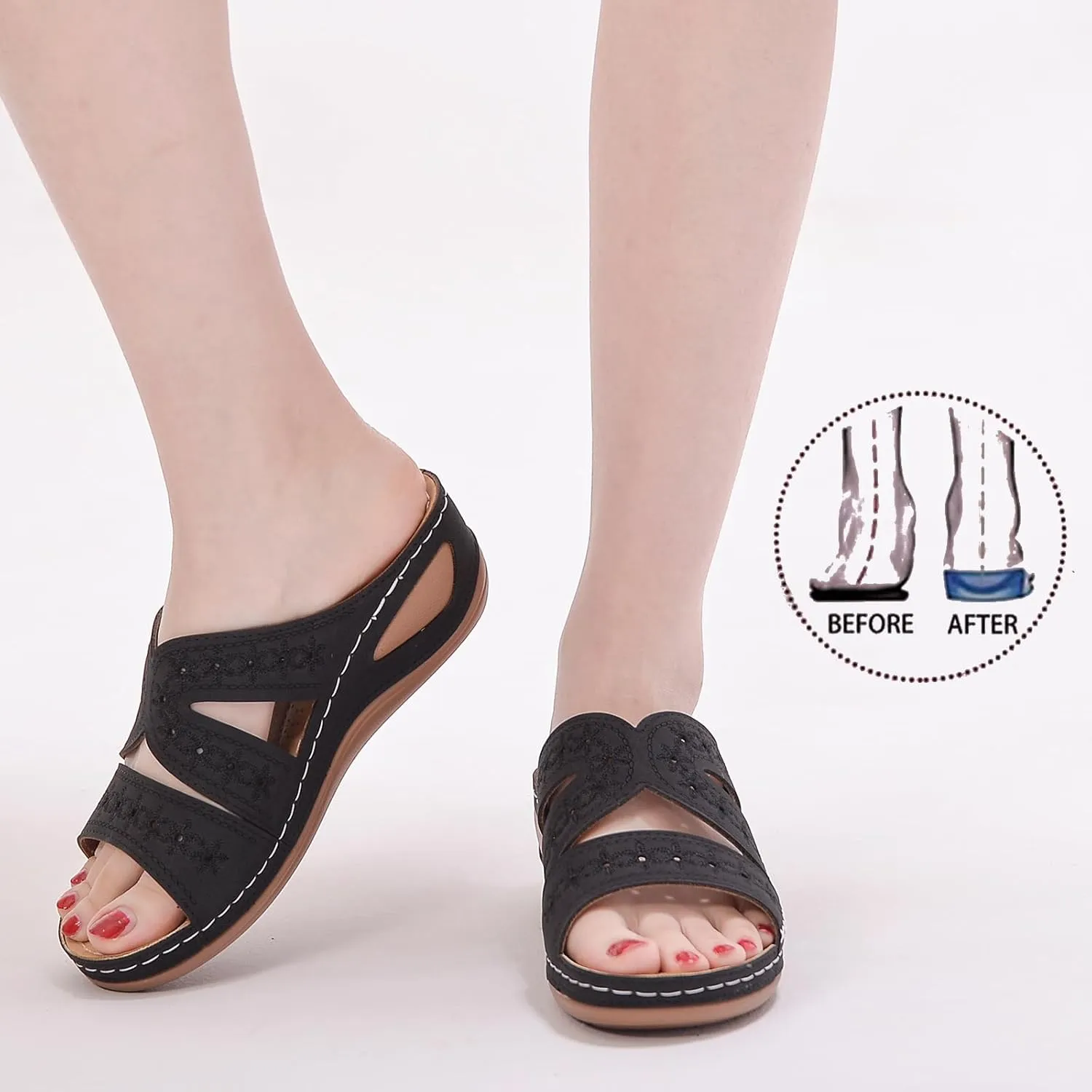 Slide Sandals Women Orthopedic Casual Wedge Slipper Sandals Fashion Cutout Flower Design Walking Shoes Lightweight Non-Slip Summer Beach Slippers