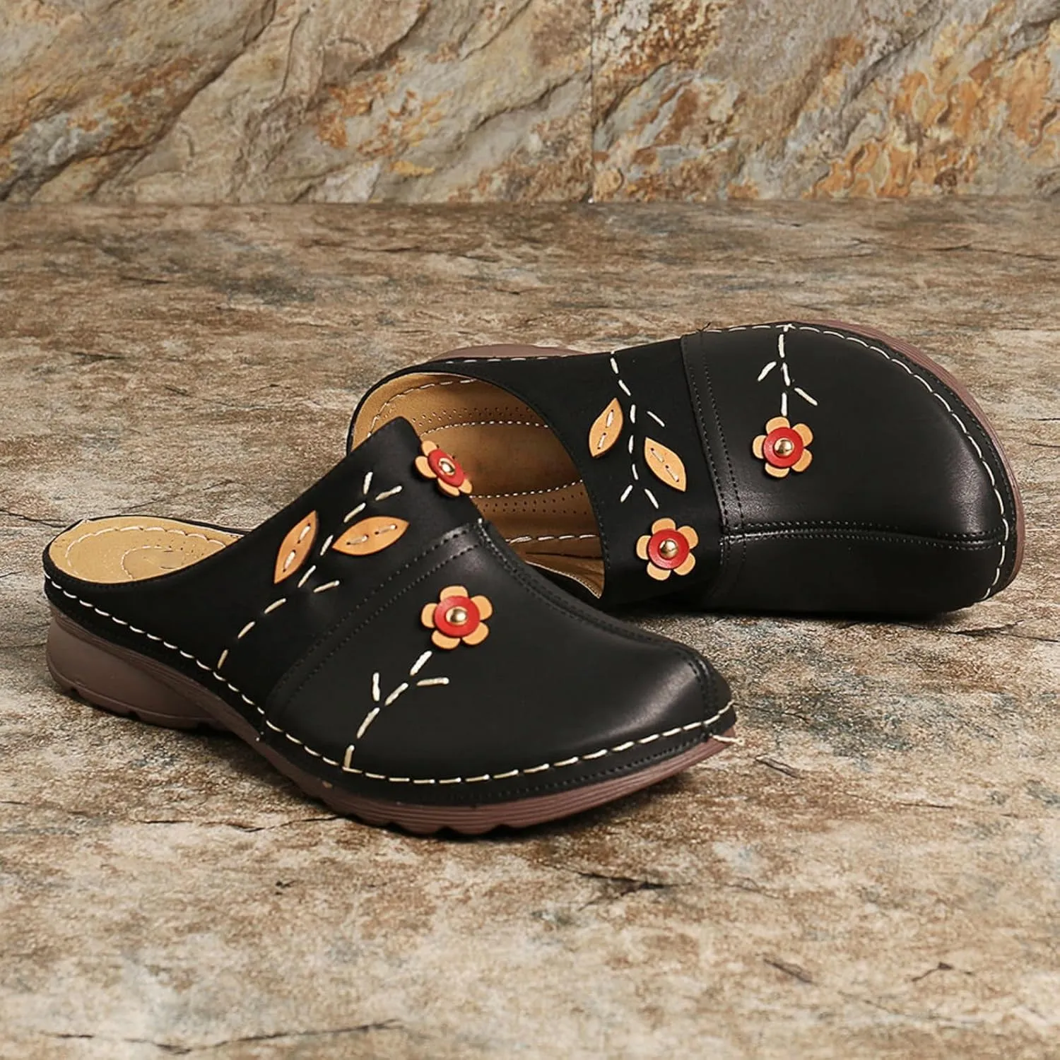Summer Mules for Women Comfortable Slip-On Closed Toe Clog Breathable Walking Orthopedic Slippers Fashion Arch Support Orthotic Sandals Dressy lightweight Backless Shoes with Flowers