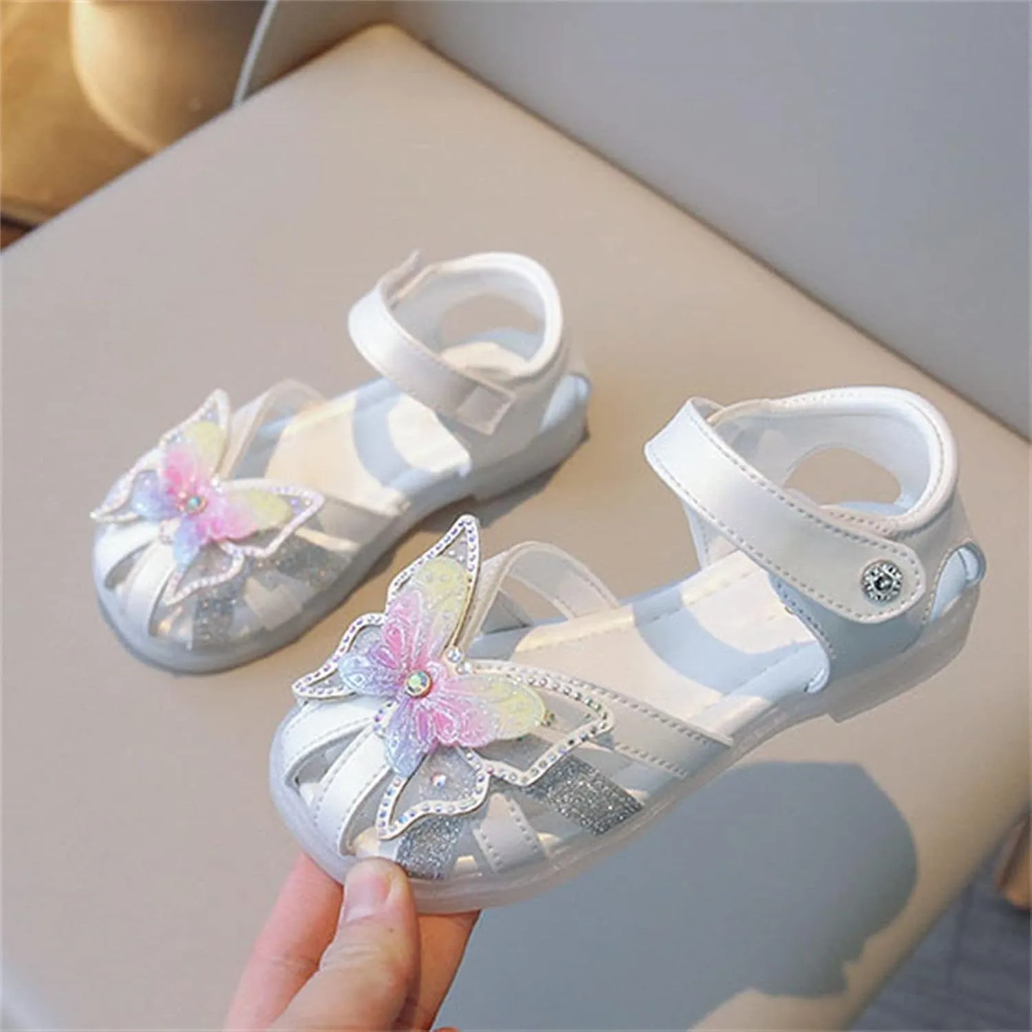 Toddler Girls 3D Butterfly Print Sandals Summer Outdoor Soft Rubber Sole Beach Water Shoes Dress Princess Flat Cute Heels for Kids (White, 30)
