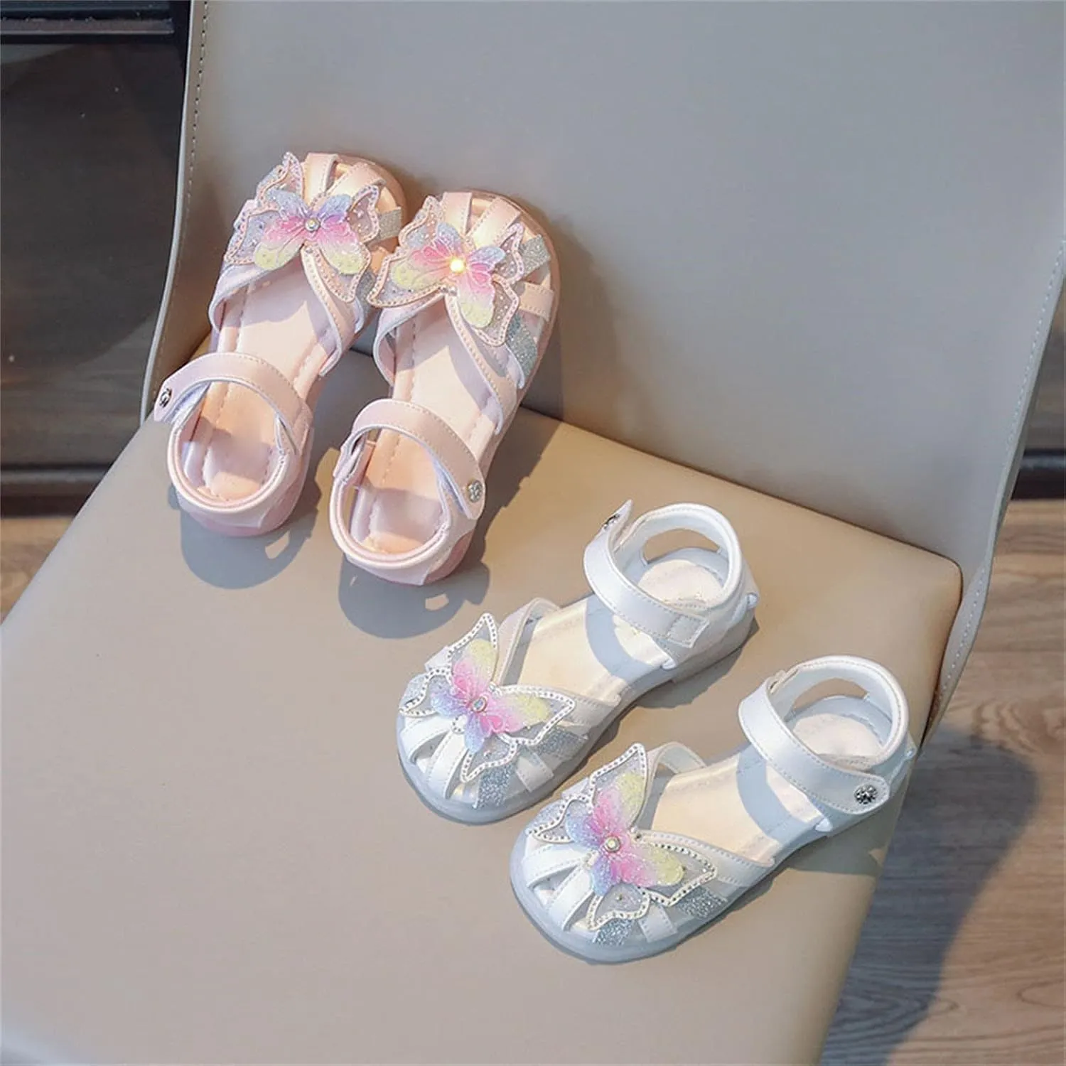 Toddler Girls 3D Butterfly Print Sandals Summer Outdoor Soft Rubber Sole Beach Water Shoes Dress Princess Flat Cute Heels for Kids (White, 30)