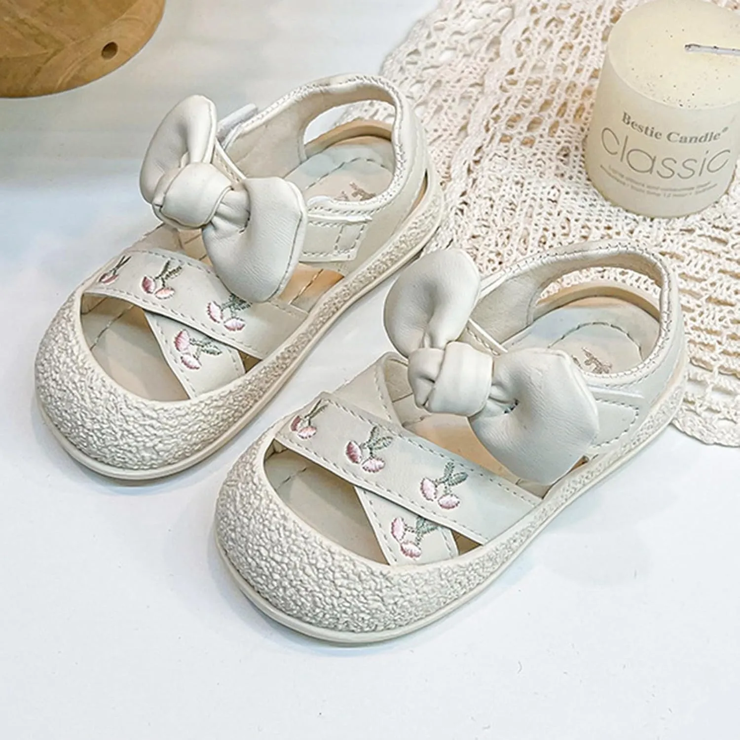 Toddler Girls Flat Sandals Bow Flower Princess Dress Shoes for School Party Wedding Cherry Embroidered Water Shoes