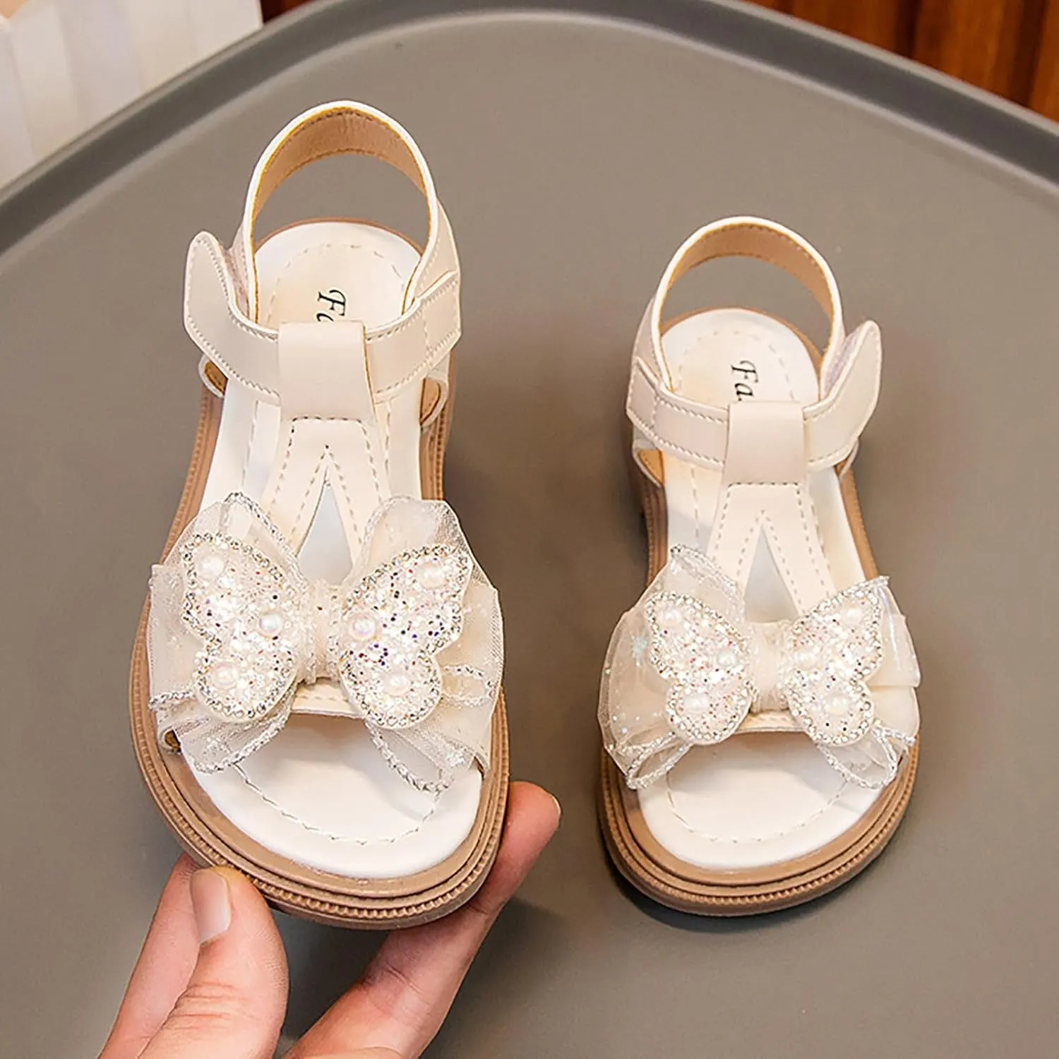Toddler Kid Girl Open-toe Casual Solid Sandal Low Heel Hook & Loop Bow Soft Rubber Sole Party Dress Jelly Shoe