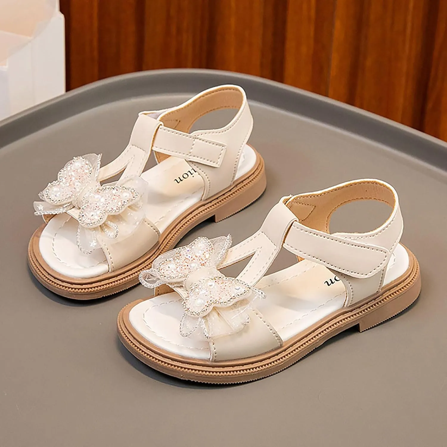 Toddler Kid Girl Open-toe Casual Solid Sandal Low Heel Hook & Loop Bow Soft Rubber Sole Party Dress Jelly Shoe