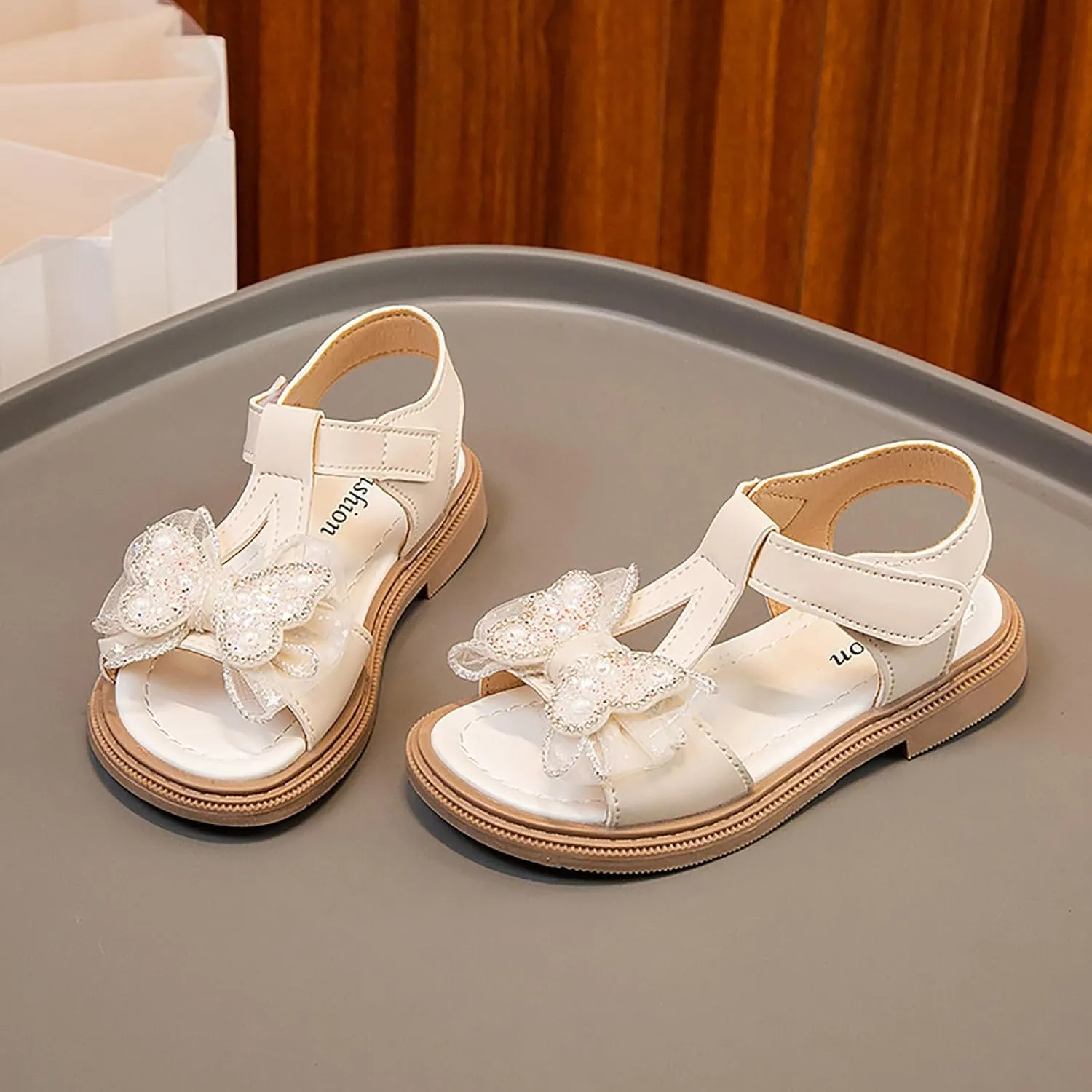 Toddler Kid Girl Open-toe Casual Solid Sandal Low Heel Hook & Loop Bow Soft Rubber Sole Party Dress Jelly Shoe