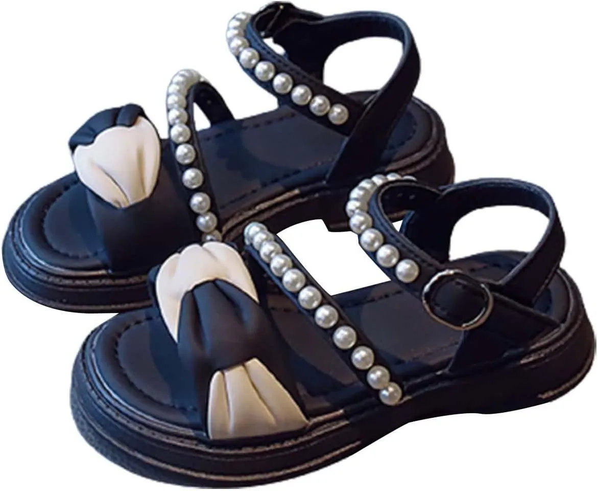 Toddler Kids Girl Open-toe Casual Sandal Low Heel Hook & Loop Ankle Strap Bow Soft Sole Party Dress Rome Shoes