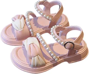 Toddler Kids Girl Open-toe Casual Sandal Low Heel Hook & Loop Ankle Strap Bow Soft Sole Party Dress Rome Shoes