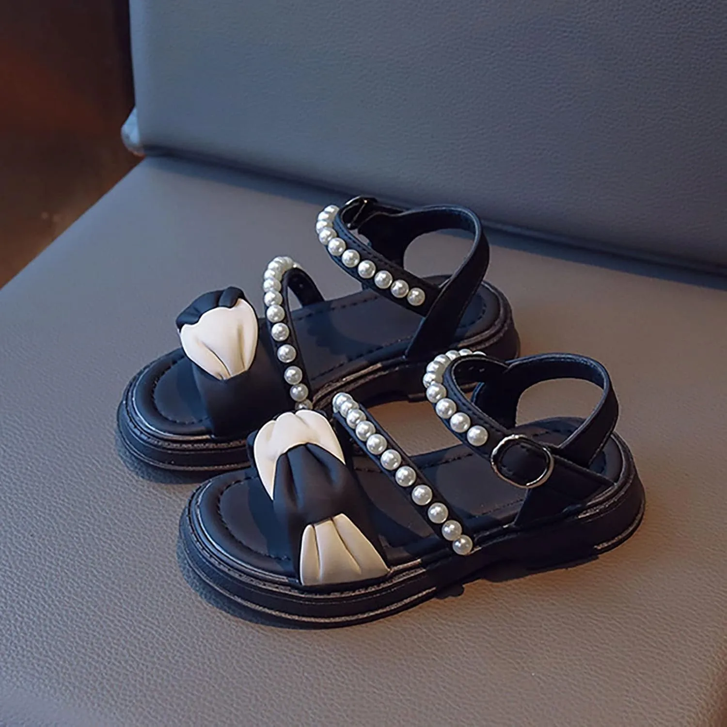 Toddler Kids Girl Open-toe Casual Sandal Low Heel Hook & Loop Ankle Strap Bow Soft Sole Party Dress Rome Shoes