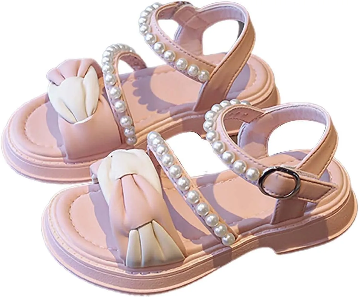 Toddler Kids Girl Open-toe Casual Sandal Low Heel Hook & Loop Ankle Strap Bow Soft Sole Party Dress Rome Shoes