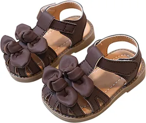 Toddler Little Girl Summer Sandals, Flower Girl Close Toe Dress Shoes Princess Soft Sole Bow Wedding Flats Shoes
