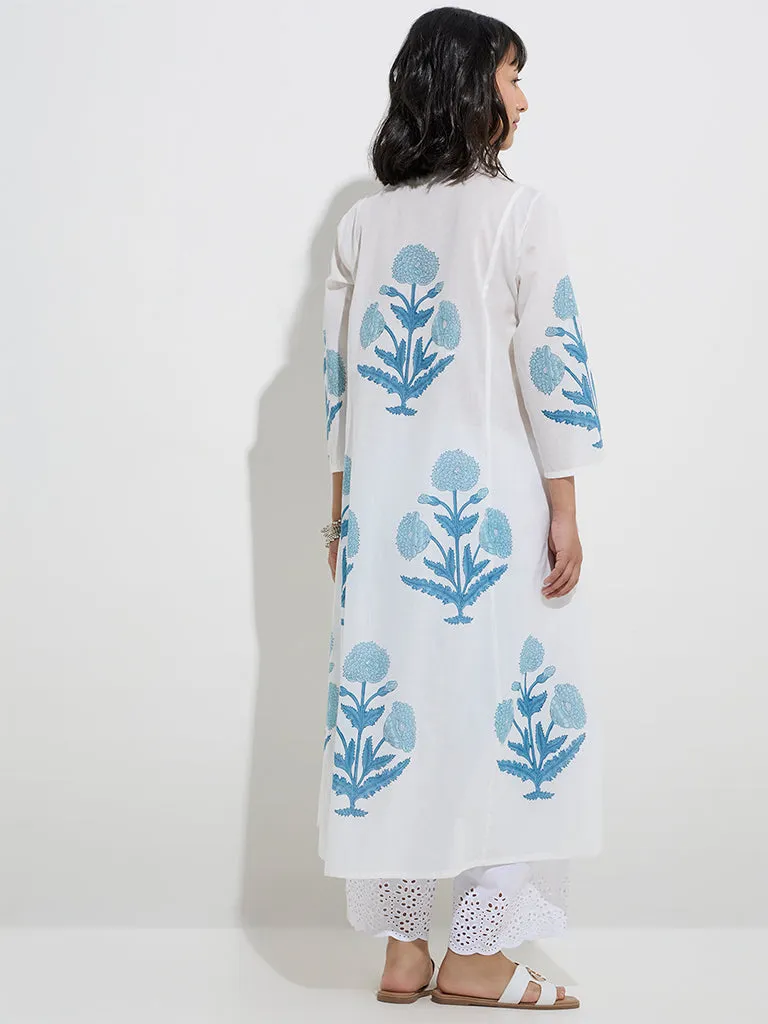Utsa Blue Floral Butta Design Cotton A-Line Kurta