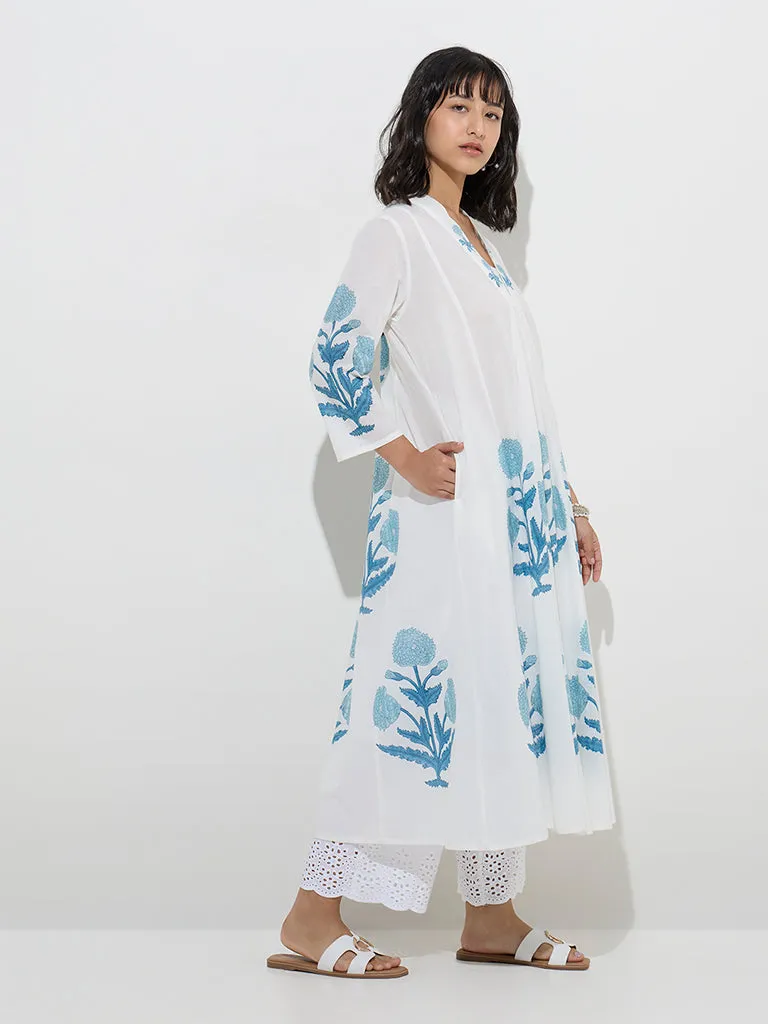 Utsa Blue Floral Butta Design Cotton A-Line Kurta