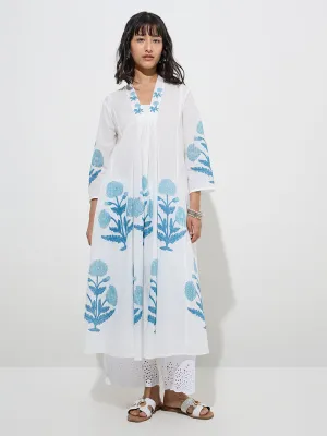 Utsa Blue Floral Butta Design Cotton A-Line Kurta