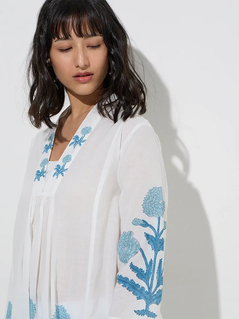 Utsa Blue Floral Butta Design Cotton A-Line Kurta