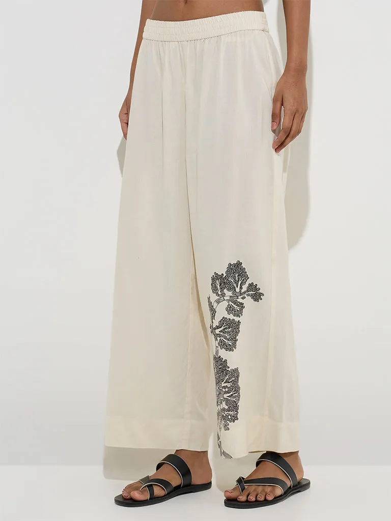 Utsa Off-White Botanical Design Palazzos