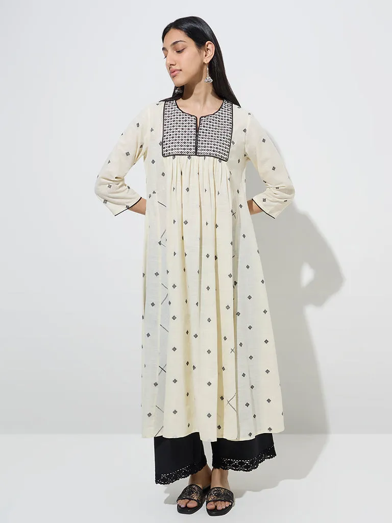 Utsa Off-White Embroidered Fit-and-Flare Cotton Kurta