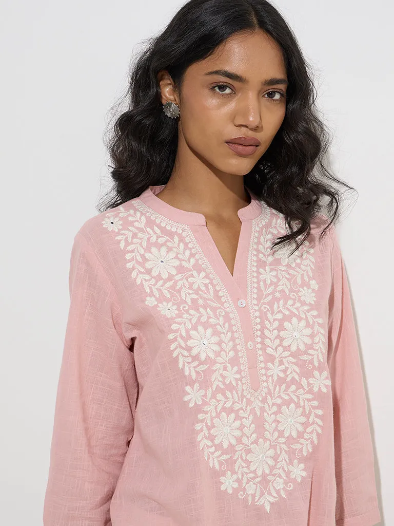 Utsa Pink Floral Embroidered Cotton Kurti