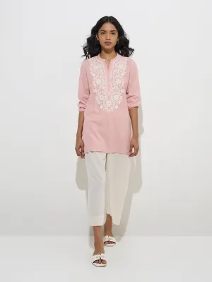 Utsa Pink Floral Embroidered Cotton Kurti