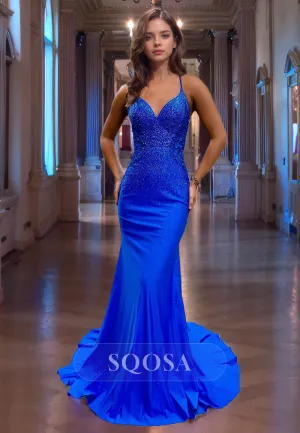 V-Neck Sleeveless Spaghetti Straps Beaded Mermaid Prom Dress with Train Satin Formal Gowns